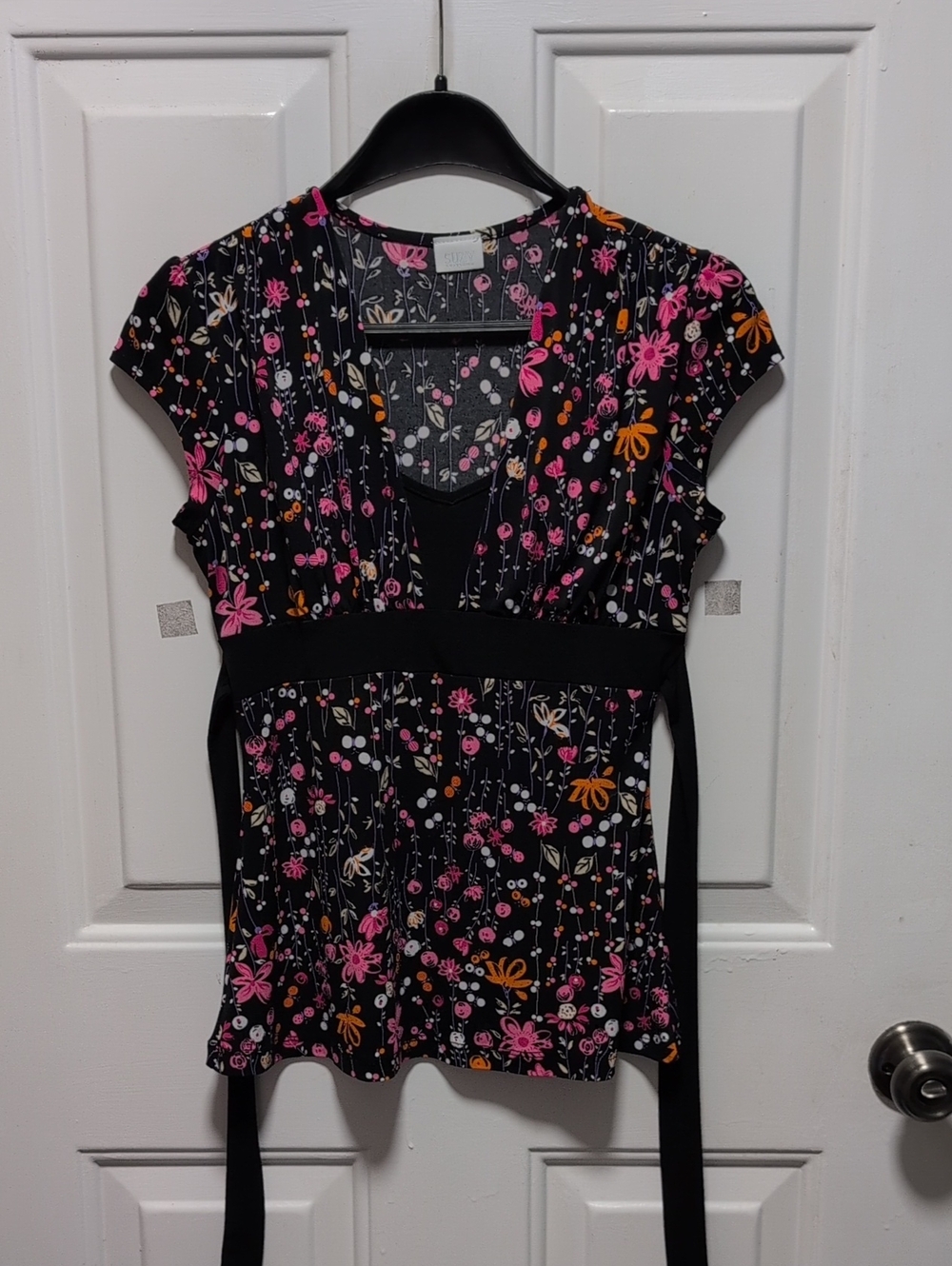 Suzy Shier Black Floral V-Neck Wrap Top with Pink & Orange Blooms